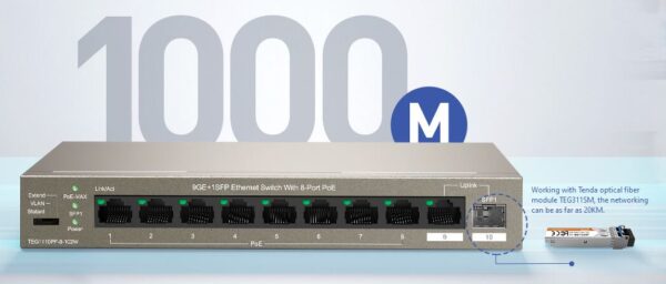 Tenda TEG1110PF-8-102W PoE+ AT switch 8xPoE 802.3af/at + Uplink RJ45 + SFP port, 92W, PoE+, fanless