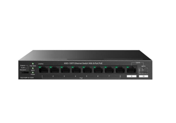 Tenda TEG1110PF-8-120W PoE+ AT switch 8xPoE 802.3af/at + Uplink RJ45 + SFP port, 110W, PoE+, fanless