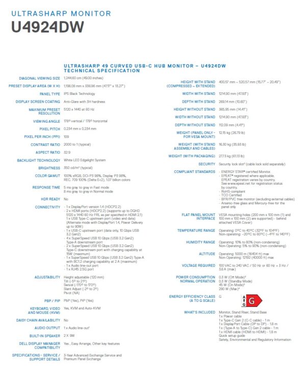 Dell UltraSharp/U4924DW/49"/IPS/5120x1440/60Hz/5ms/Black/3R