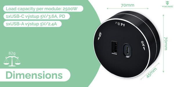 Zásuvkový modul Viking A60B, černá/výstupy - 1xUSB-A, 1xUSB-C/výkon až 2500W/230V,16A,50Hz