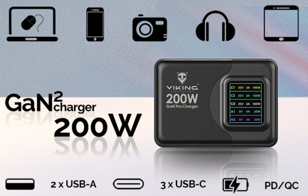 VCH200PD5 Viking USB GaN charger 200W PD PRO/síťový adaptér/Output:3xUSB-C,2xUSB-A/Rychlo nabíjení/
