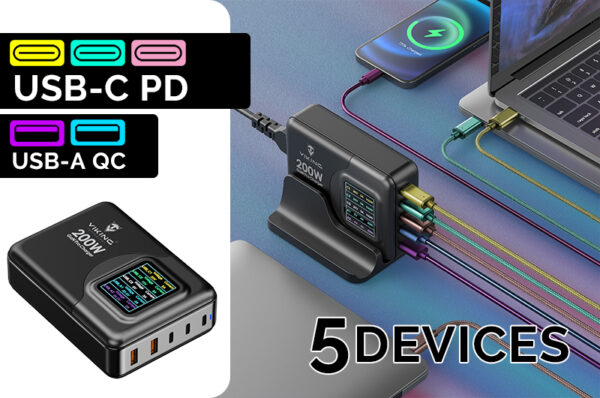 VCH200PD6 Viking USB GaN charger 200W PD PRO/síťový adaptér/Output:3xUSB-C,2xUSB-A/Rychlo nabíjení/