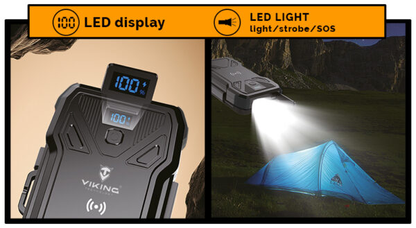 Solární powerbanka VIKING TYR III/Output:1xUSB-C,2xUSB-A/Wireless charge 15W max/30000mAh/LED světlo