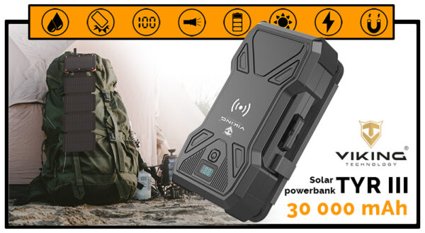 Solární powerbanka VIKING TYR III/Output:1xUSB-C,2xUSB-A/Wireless charge 15W max/30000mAh/LED světlo