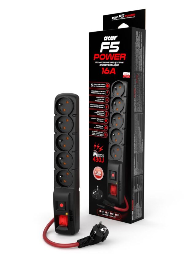 Acar F5 10m kabel, 5 zásuvek, přepěťová ochrana, max.proud 16A, černý