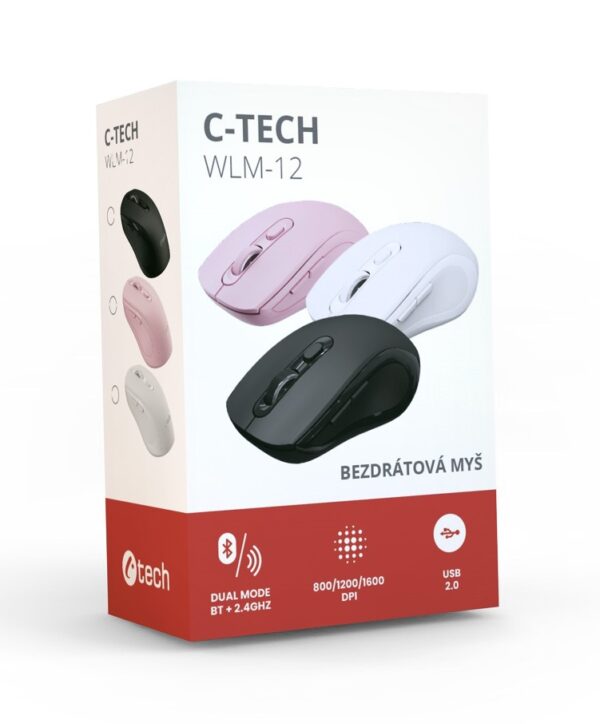 C-TECH WLM-12PK/Ergonomická/Optická/Pro praváky/1 600 DPI/USB+BT/Růžová