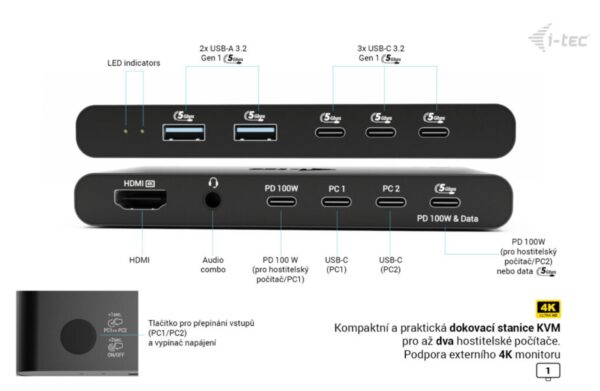 kvm04 i-tec KVM Docking Station HDMI for 2 hosts, Power Delivery 2x 100W
