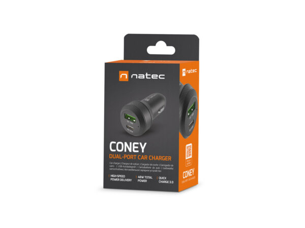 Natec nabíječka do auta CONEY, 1XUSB, 1XUSB-C, 48W