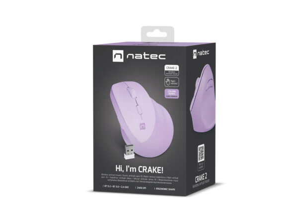 package-Crake_2_right-handed-lavender_v2 Bezdrátová vertikální myš Natec CRAKE 2/Optická/2 400 DPI/USB+BT/Levan/Vertikální/Optická/Pro pravák