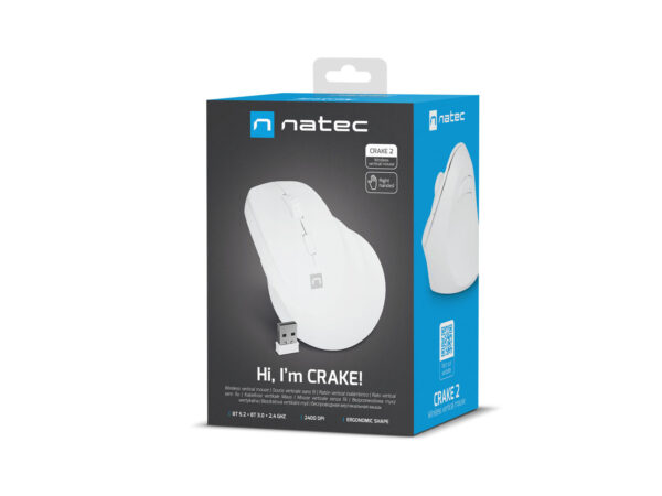 Bezdrátová myš Natec CRAKE 2/Kancelářská/Optická/2 400 DPI/USB+BT/Bílá/Vertikální/Optická/Pro pravák