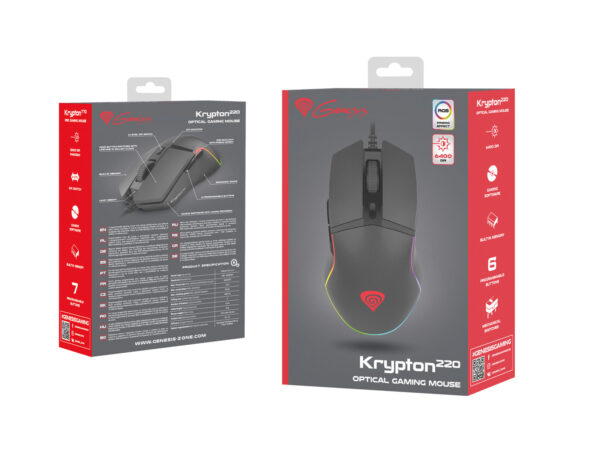 package-Krypton-220 Genesis herní optická myš KRYPTON 220/RGB/6400 DPI/Herní/Optická/6 000 DPI/Drátová USB/Černá