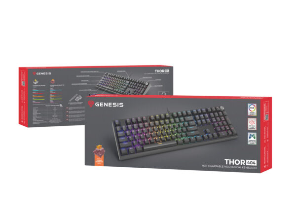 Herní mechanická klávesnice Genesis THOR 404/RGB/Outemu Peach Silent/Drátové USB-A/US layout/Černá