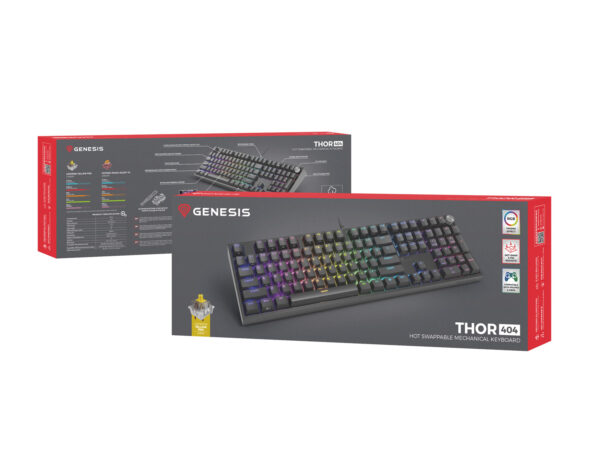 Herní mechanická klávesnice Genesis THOR 404/RGB/Gateron Yellow Pro/Drátové USB-A/US layout/Černá