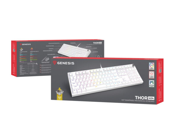 Herní mechanická klávesnice Genesis THOR 404/RGB/Gateron Yellow Pro/Drátové USB-A/US layout/Bílá