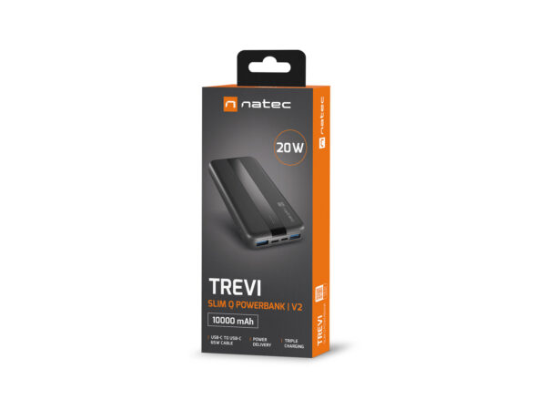 Power banka Natec TREVI SLIM Q V2 10000mAh, 2X USB-A 18W, 1X USB-C 20W, USB-C - USB0-C kabel, černá