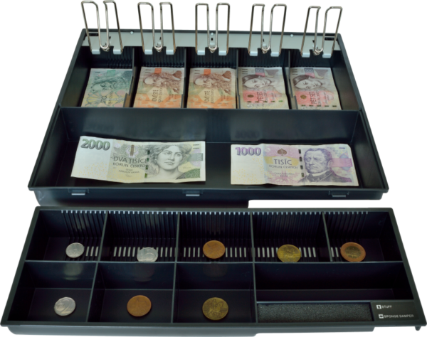 pkladna_1 Plastový pořadač na peníze pro C425, kovové držáky bankovek