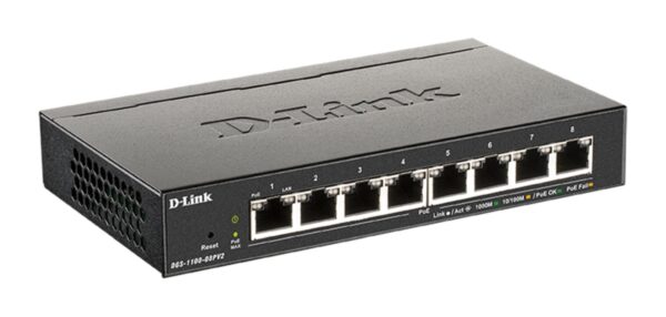 pvbok D-Link DGS-1100-08PV2 Smart Switch, 8x 1000Base-T 802.3at PoE, 64W PoE budget, Fanless