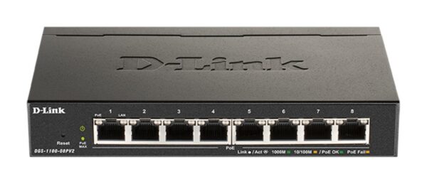 pvpredni_s D-Link DGS-1100-08PV2 Smart Switch, 8x 1000Base-T 802.3at PoE, 64W PoE budget, Fanless