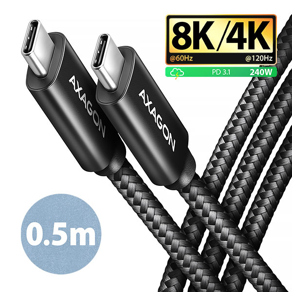 BUCM4X-CM05AB-00_hlavni-600_s AXAGON BUCM4X-CM05AB NewGEN+ kabel USB-C <-> USB-C, 0.5m, USB4 Gen 3×2, PD 240W 5A, 8K HD, ALU,oplet
