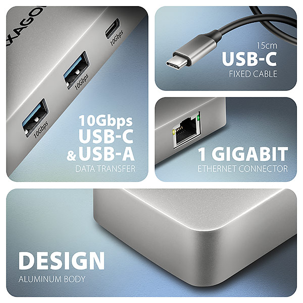 AXAGON HMC-CUB83X2, USB 10Gbps hub, 2x USB-A, USB-C, HDMI & DP 4k/144Hz, RJ-45, PD 100W, kabel 15cm