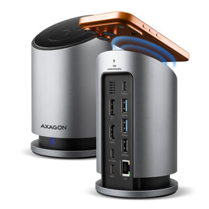 HMC-WL9-00_hlavni-600_s AXAGON HMC-WL9, USB 10Gbps hub s Qi, 3x USB-A, USB-C, HDMI & DP 4k/60Hz, RJ-45, PD 100W, kabel 60cm