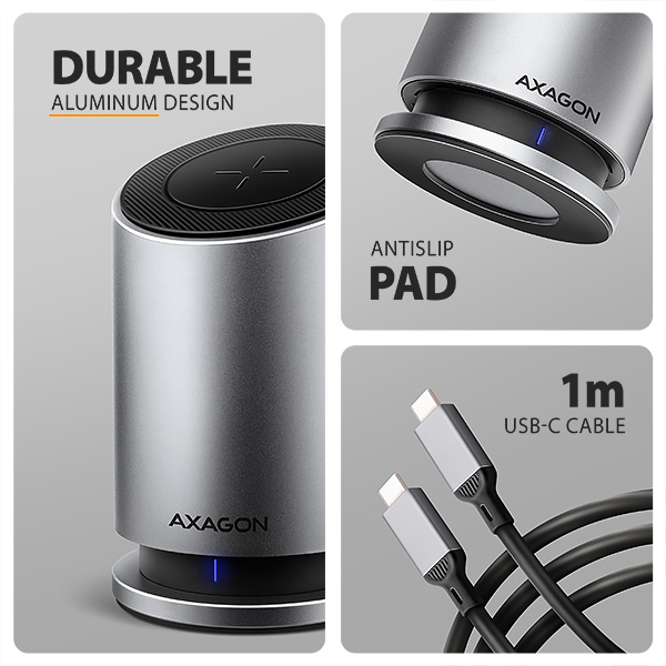 AXAGON HMC-WL9, USB 10Gbps hub s Qi, 3x USB-A, USB-C, HDMI & DP 4k/60Hz, RJ-45, PD 100W, kabel 60cm