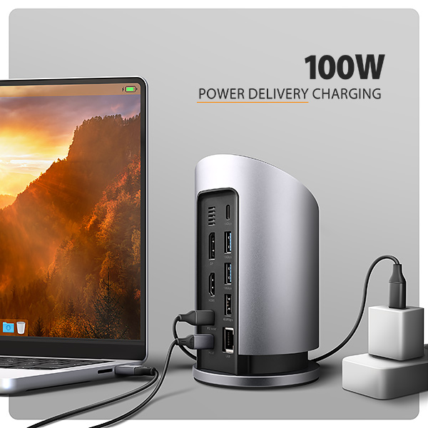 AXAGON HMC-WL9, USB 10Gbps hub s Qi, 3x USB-A, USB-C, HDMI & DP 4k/60Hz, RJ-45, PD 100W, kabel 60cm