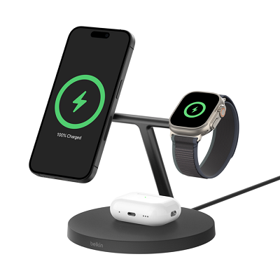 WIZ032kqBK_s Belkin BOOST CHARGE PRO Qi2, 15W 3v1 stojan s Apple watch fast charge, černý