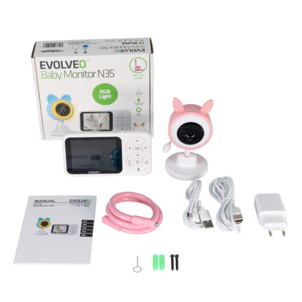 EVOLVEO Baby Monitor N35, dětská chůvička s kamerou,VOX,teploměr,noční vidění,RGB světlo,Růžová