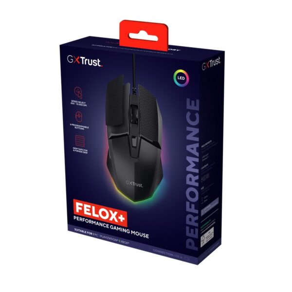 25603-1- Trust GXT 121 Felox+/Herní/Optická/Pro praváky/10 000 DPI/Drátové USB-A/Černá