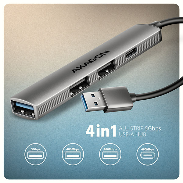 AXAGON HUE-STA, 4x USB ALU STRIP hub, 1x USB-A 5Gbps, 2x USB-A & 1x USB-C 480Mbps, kabel USB-A 12cm