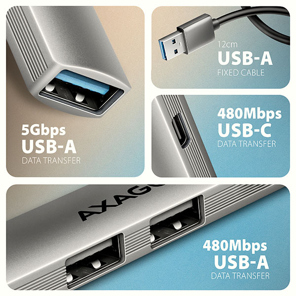AXAGON HUE-STA, 4x USB ALU STRIP hub, 1x USB-A 5Gbps, 2x USB-A & 1x USB-C 480Mbps, kabel USB-A 12cm