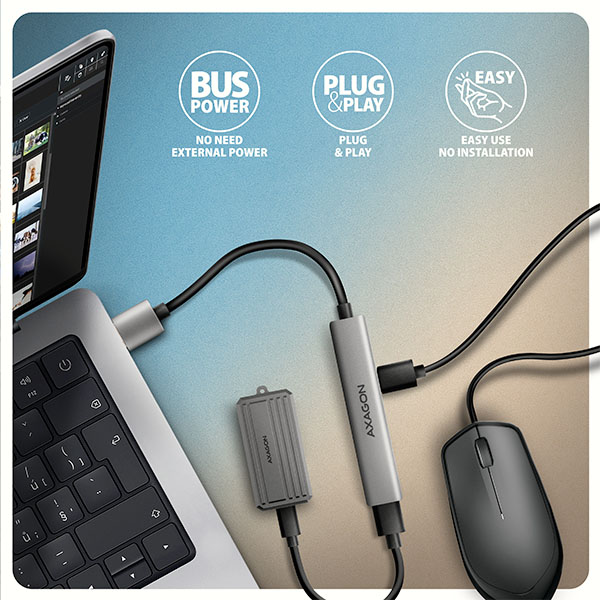 AXAGON HUE-STA, 4x USB ALU STRIP hub, 1x USB-A 5Gbps, 2x USB-A & 1x USB-C 480Mbps, kabel USB-A 12cm