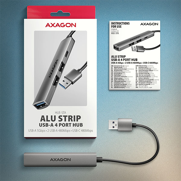 AXAGON HUE-STA, 4x USB ALU STRIP hub, 1x USB-A 5Gbps, 2x USB-A & 1x USB-C 480Mbps, kabel USB-A 12cm