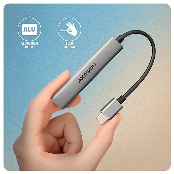 AXAGON HUE-STC, 4x USB ALU STRIP hub, 1x USB-A 5Gbps, 2x USB-A & 1x USB-C 480Mbps, kabel USB-C 12cm