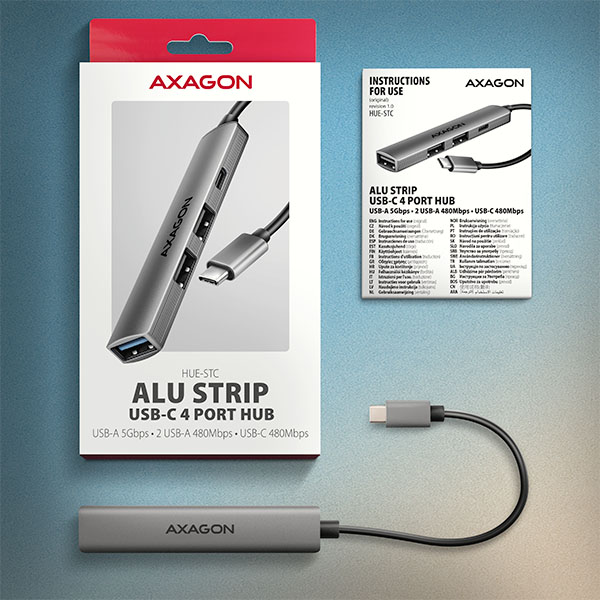 AXAGON HUE-STC, 4x USB ALU STRIP hub, 1x USB-A 5Gbps, 2x USB-A & 1x USB-C 480Mbps, kabel USB-C 12cm