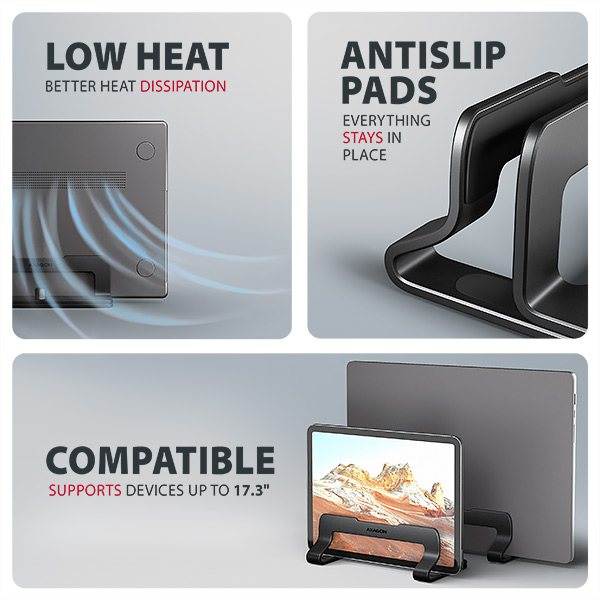 AXAGON STND-VB, vertikální hliníkový stojan pro notebooky 10"-17.3, nastavitelný rozestup, černý