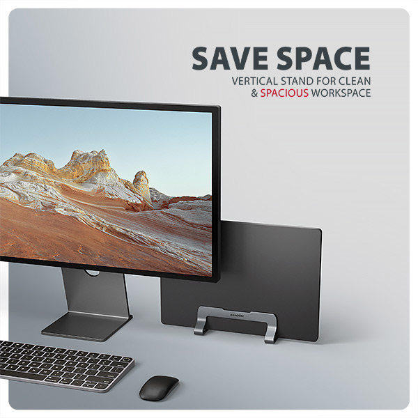 AXAGON STND-VG, vertikální hliníkový stojan pro notebooky 10"-17.3, nastavitelný rozestup, šedý